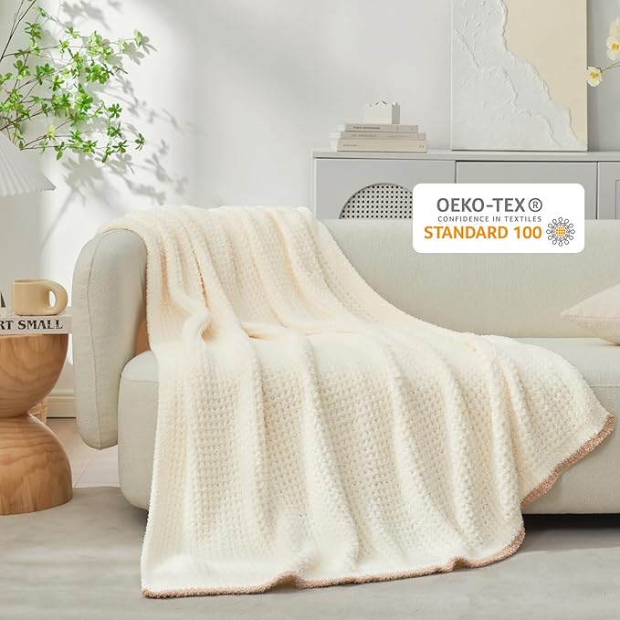 Snuggle Sac Cream Bedding Blankets Queen Size 90x90 inches, Reversible Microfiber Fluffy Fuzzy Soft Throw Cozy Knit Blanket for Women Mothers Birthday Gifts-Ruum Studio Home