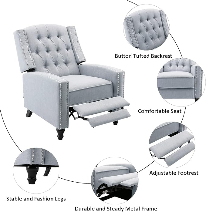 Fabric Push Back Recliner Chair Mid Century Tufted Single Comfy Reading Sofa Chair for Living Room/Bedroom/Home Theatre, Grey-Ruum Studio Home