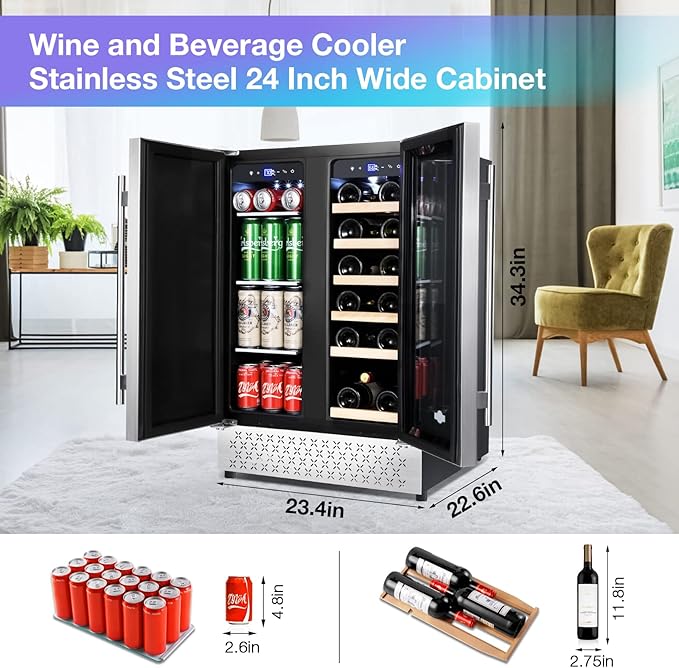 Tylza Wine and Beverage Refrigerator, 24 inch Dual Zone Wine Beverage Cooler Built-in and Freestanding, with Seamless Stainless Steel Door Quick Cooling Under Counter Beer Wine refrigerator-Ruum Studio Home