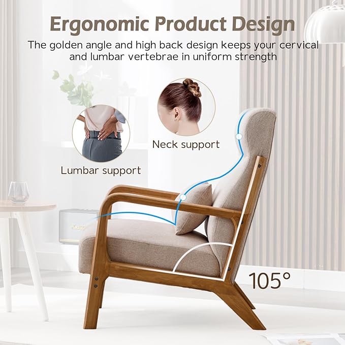 INZOY Mid Century Modern Accent Chair with High Back, Upholstered Living Room Chairs with Waist Cushion, Wood Frame Reading Armchair for Bedroom Sunroom, Beige-Ruum Studio Home
