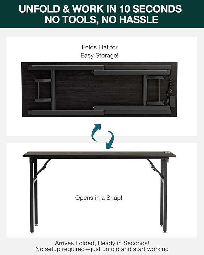 Frylr Small Folding Computer Desk – 55.1 Inch Portable Table for Craft and Study, Lightweight Desk for Small Spaces, Foldable Laptop Table Built-in AC/USB Outlets for Convenience, Charcoal Wenge-Ruum Studio Home