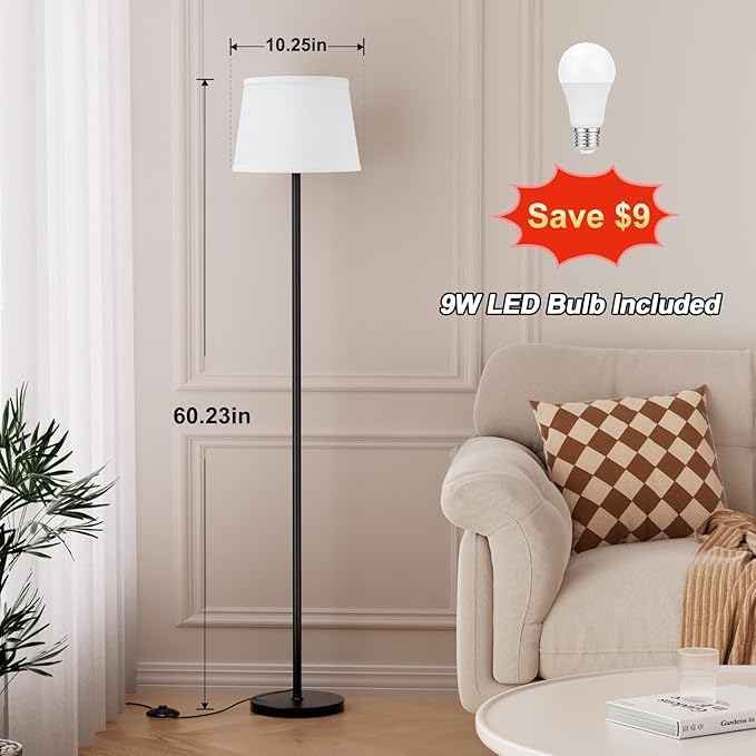 Floor Lamps for Living Room - 3 Color Temperatures Standing Lamp with White Shade, Modern Floor Lamp with LED Bulbs, Black Tall Lamp for Bedroom Office(9W Bulb Included)-Ruum Studio Home