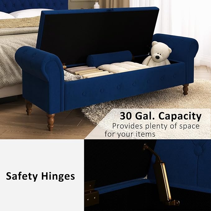 Storage Ottoman Bench for Bedroom, 63" End of Bed Bench with Rolled Arms Upholstered Ottoman Bench Fit for Bedroom, Living Room, Entryway, Velvet Navy Blue-Ruum Studio Home