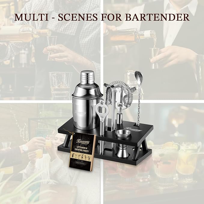 KITESSENSU Cocktail Shaker Set Bartender Kit, 6-Piece Silver Bar Set with Stand, Bar kit with Essential Bar Accessory Tools: Martini Shaker, Jigger, Strainer, Bar Spoon, Tongs, Opener-Ruum Studio Home