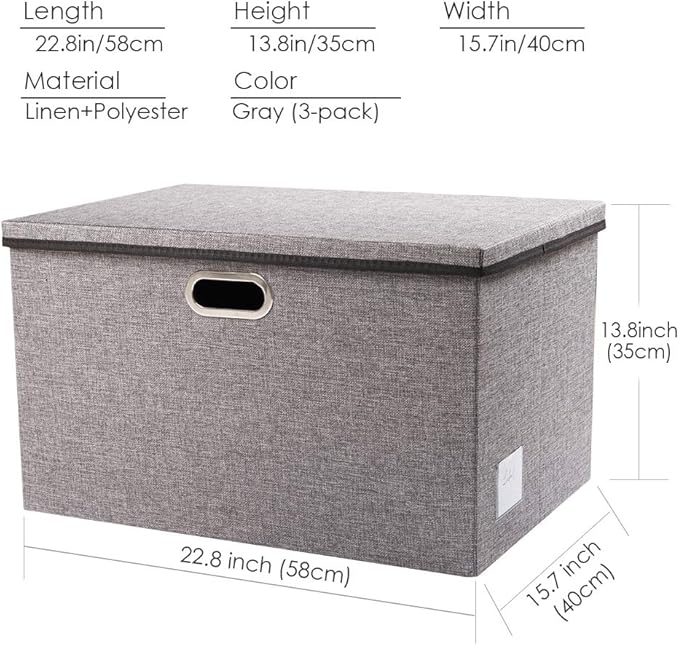 PRANDOM Extra Large Collapsible Storage Bins with Lids [3-Pack] Linen Fabric Foldable Storage Baskets Boxes Organizer Containers Cube with Cover for Bedroom Closet Office Nursery (22.8x15.75x13.8)-Ruum Studio Home