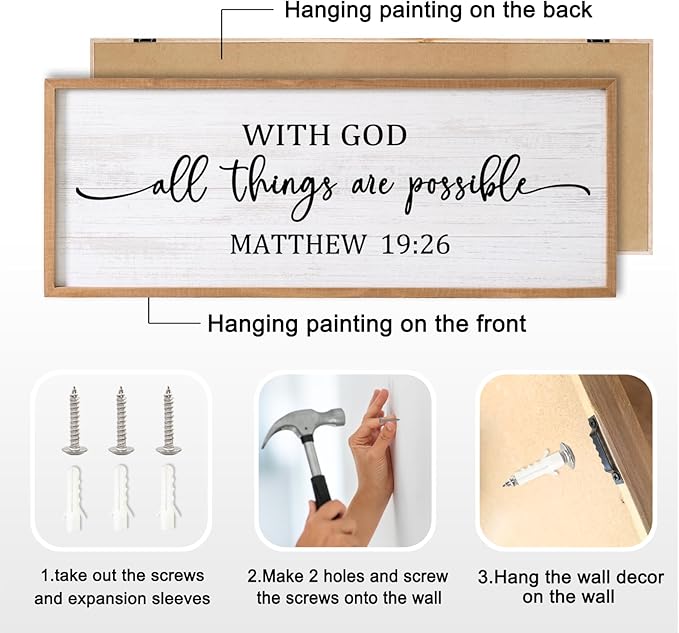 With God All Things are Possible Framed Wall Art, 40''×15'' Positive Religious Rustic Bible Verse for Christian God Jesus Christ Prayer, Vintage Horizontal Holy Inspirational Catholic Scripture Decor-Ruum Studio Home