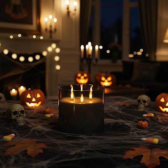 Homemory 6X6'' Extra Large Flameless Candle with 3 Wicks, Glass LED Pillar Candle, Real Wax Battery Operated Candle with Remote Control and Timer, Grey-Ruum Studio Home