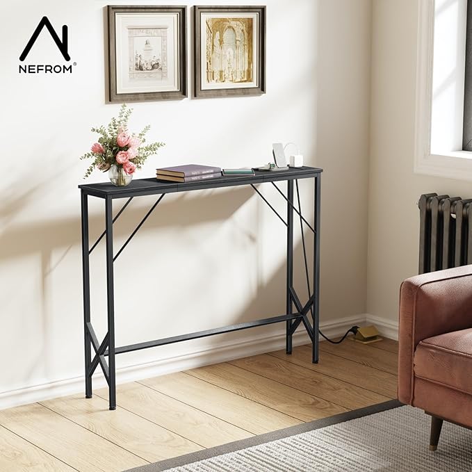39.4" Console Table, Skinny Entryway Table with Fast-Charging Station, Narrow Long Sofa Table, Behind Slim Couch Table for Entrance, Hallway, Living Room Decor ST-BK100-1-Ruum Studio Home