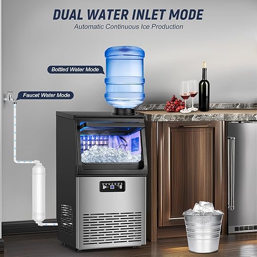 Commercial Ice Maker Machine 100LBS/24H with 20LBS Storage Bin, Gallon Water & Facuet Water Inlet, 36PCS 15" Wide Undercounter/Freestanding Ice Maker Machine for Home Bar Outdoor, Self Cleaning-Ruum Studio Home