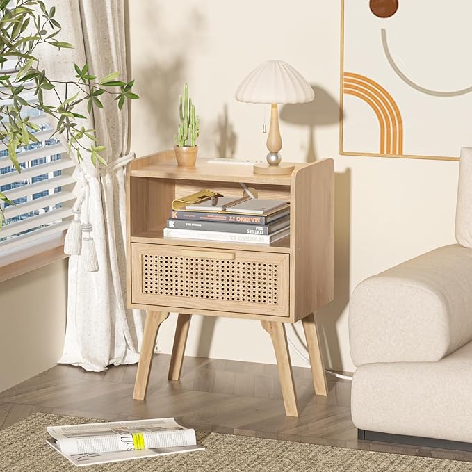 Lerliuo Rattan Nightstand with Charging Station, Boho Night Stand with Handmade Natural Rattan Drawer and Open Shelf, Cane Accent Side End Tables with Solid Wood Legs for Bedroom, Dorm, Small Spaces-Ruum Studio Home
