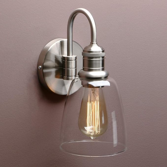 Yosoan 1-Light Brass Modern Vintage Indoor Wall Sconce, Vanity Single Luxury Hardwired Retro Textured Clear Oval Cone Glass Shade with Industrial Gooseneck Curved Rod Bathroom Lamp(Brushed)-Ruum Studio Home