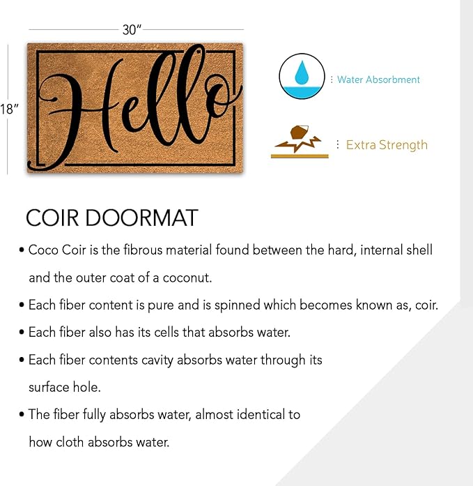 PLUS Haven Pure Coco Coir Doormat with Heavy-Duty Backing (Hello 1)-Ruum Studio Home