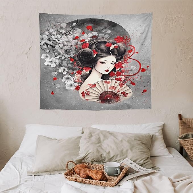 Japanese Geisha Tapestry Asian Red Cherry Blossom Red Sun Traditional Kimono Folk Tapestries Home Decor for Living Room Bedroom Apartment Farmhouse Dorm 60"x50"-Ruum Studio Home