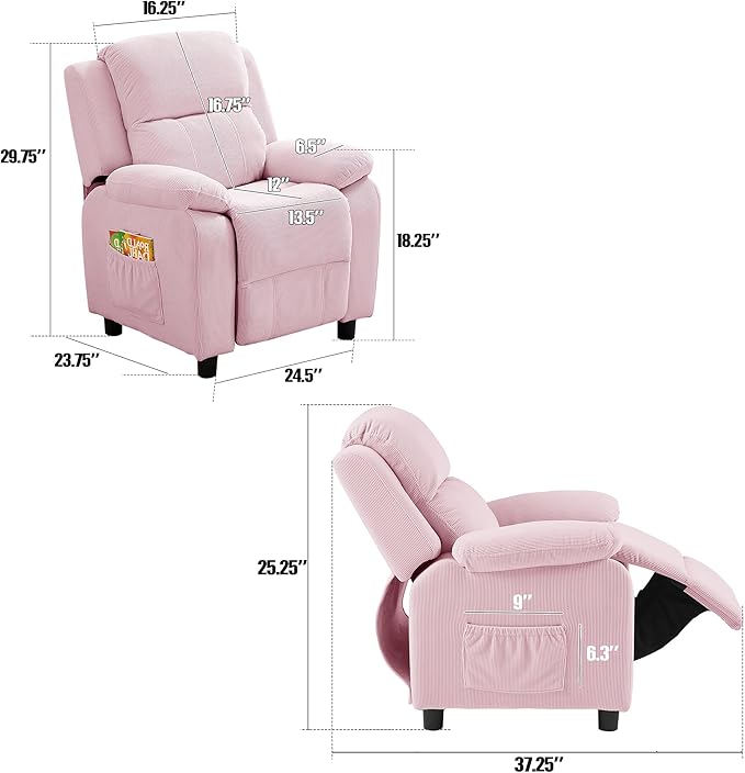 Ulax furniture Corduroy Kids Recliner Chair, Toddler Armrest Sofa Couch, Ergonomic Adjustable Lounge Sofa with Footrest, Padded Backrest, Storage Arms, Pink Recliner for Girls and Boys-Ruum Studio Home