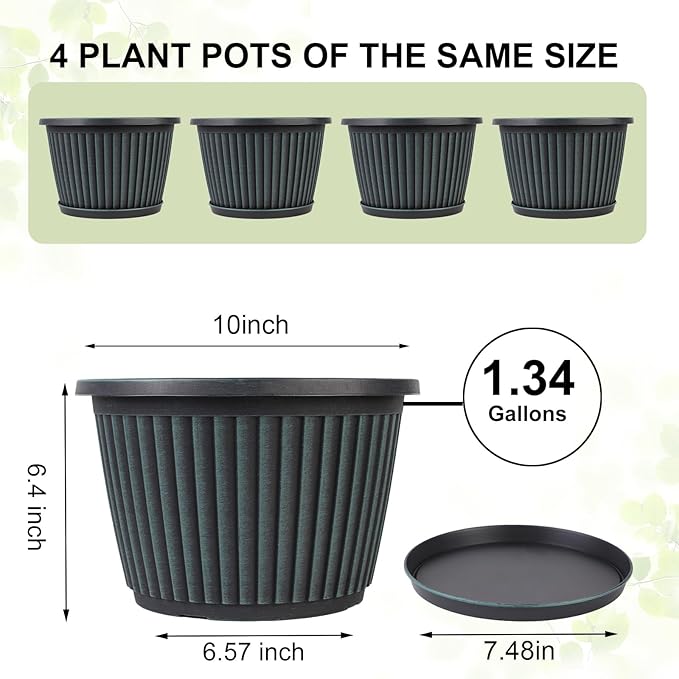 10 Inch Planter-Pots-for-Plants-Indoor-Outdoor, 4 Pack Plastic Flower Pots with Saucer & Drainage Holes, Modern Decorative Resin Garden Pots-Ruum Studio Home