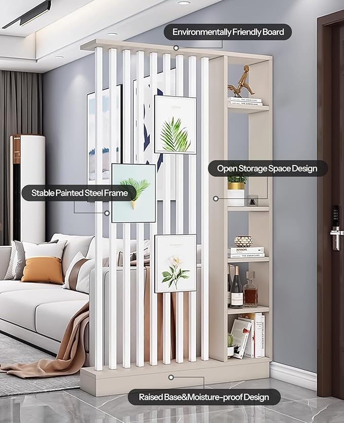 Wall Room Divider, Storage Cabinet Storage Display with Shelves, Modern Freestanding Wood Room Divider Screen, Wall Privacy Screens for Home Decorative (Beige+White,43.3" L x 9.5" W x 79.5" H)-Ruum Studio Home