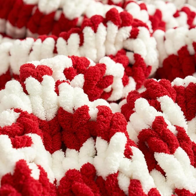 Amélie Home Chunky Knit Blanket Throw, Thick Soft Yarn Chunky Throw 50x60, Handmade Chenille Cable Knitted Crochet Throw Blanket, Warm Rope Knot Blanket for Couch Bed Sofa, Red White Stripe-Ruum Studio Home