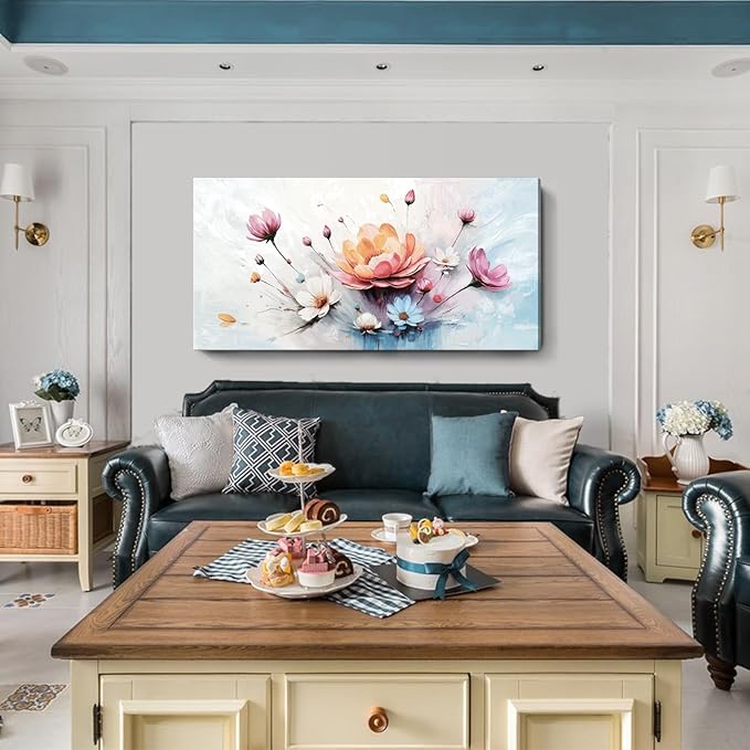 amatop Oversized Wall Art for Living Room Elegant Pink White Blue Floral Art Print Large Abstract Nature Botanical Picture Contemporary Garden Bloom Canvas Decoration Bedroom Office Hallway 58x29 inch-Ruum Studio Home