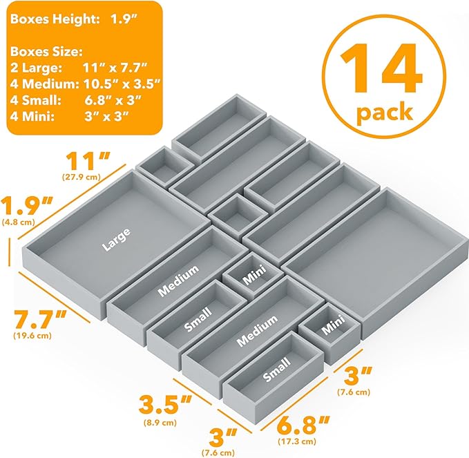 SpaceAid 14-Piece Bamboo Drawer Organizer Storage Boxes Set, Wood Tray Junk Drawer Organizers Multi-Use Divider Bins for Kitchen, Bathroom, Office Desk and Makeup Organization (14 Pack, Gray)-Ruum Studio Home