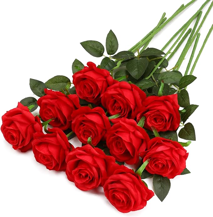 Red Fake Roses Artificial Flowers - 10 Pcs Fake Artificial Roses Silk Flowers with Stems for Home Wedding Hotel Office Centerpiece Decor-Ruum Studio Home