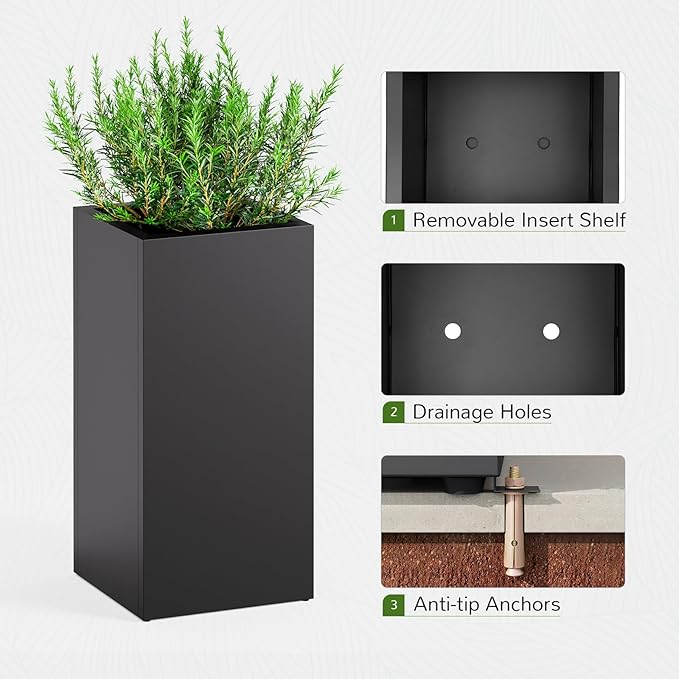 Stoog 30" Tall Planters for Outdoor Plants, All-Weather Metal Planter Boxes Set of 2, with Removable Insert Shelf, Modern Design, Indoor/Outdoor Use, Black-Ruum Studio Home
