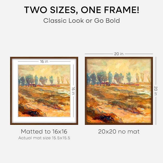 Homeforia 20x20 Brown Picture Frame, High End Dark Oak 20 x 20 Square Wood Frame with Mat 16 x 16 for Photo, 20by20 Wooden Walnut Poster Frame Matted to 16x16 Print, Tempered Glass, Wall Kit, Set of 1-Ruum Studio Home