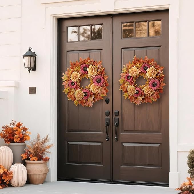 28'' Large Fall Wreath for Front Door, Porch, Window- Artificial Maple Leaves Faux Sunflower Hydrangea Pumpkins Outdoor Autumn Wreath for Home, Farmhouse Wall Thanksgiving Day Harvest Festival Decor-Ruum Studio Home