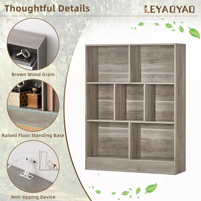 LEYAOYAO 7 Cube Bookshelf with Base,3 Tier Mid-Century Modern Grey Bookcase,Standing Wide Bookshelves Storage Organizer Shelf,Rustic Wood Display Cabinet Book Shelves for Bedroom,Living Room,Office-Ruum Studio Home