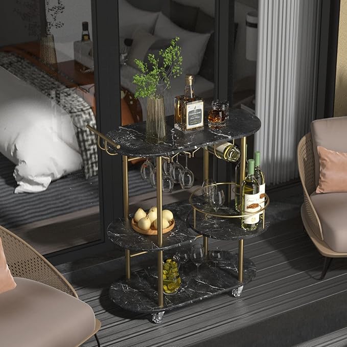 Black Bar Carts with 4-Tier Storage Shelves, Mobile Bar Serving Cart with Wine Rack and Glass Holder, for The Home, Kitchen, Living Room, Dining Room-Ruum Studio Home