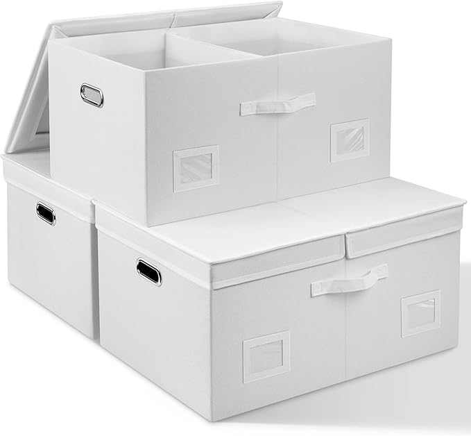75 Quarts Extra Large Decorative Storage Bins with Lids, 3 Packs White Collapsible Storage Bins with Lids, Stackable Storage Bins Decorative Box Storage With Lid Extra Large-Ruum Studio Home