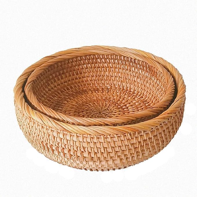 Set of 2 Round Rattan Bowl Baskets, 8 9 Inch Handmade Wicker Basket Tray with 3”Deep Wall, Decorative Woven Brown Bread Basket Fruit Bowl Table Key Holder, 2-Size-Ruum Studio Home