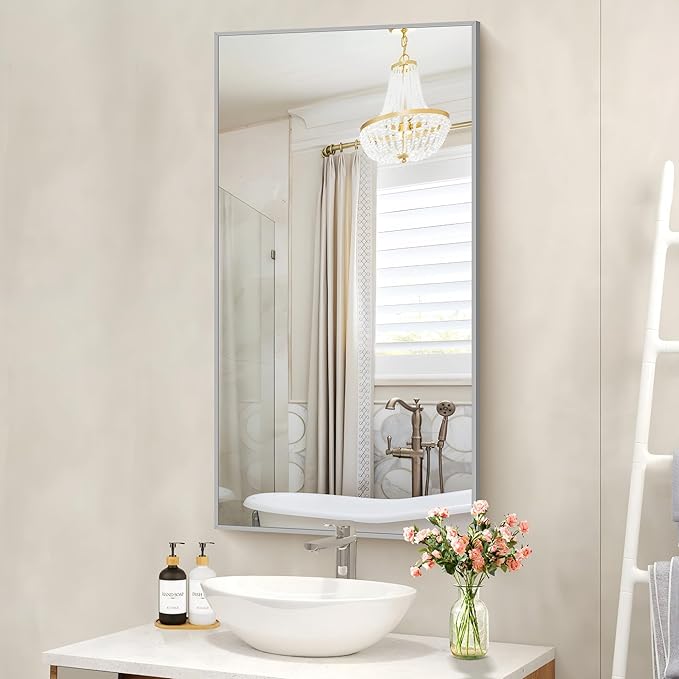 48x24In Silver Bathroom Mirror for Wall, Brushed Nickel Rectangle Mirrors with Metal Frame, Bathroom Rectangular Mirror Modern Wall Mirror for Bedroom Living Room, Hangs Horizontal or Vertical-Ruum Studio Home