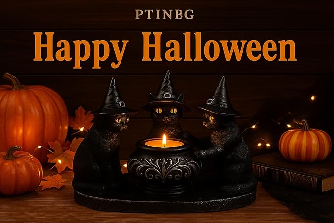 Halloween Black Cat Candle Holder, Cute Halloween Table Decor & Mantel Decoration (Black)-Ruum Studio Home