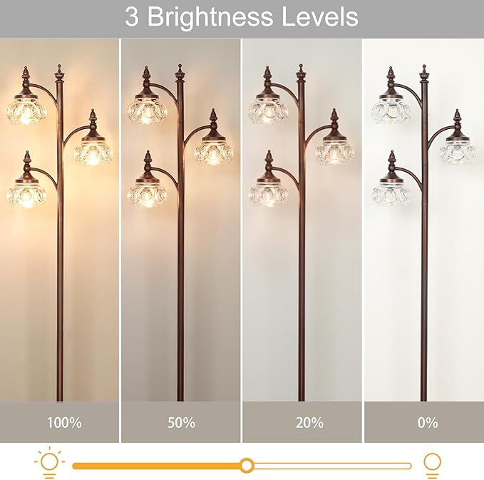 Brown Tree Floor Lamps for Living Room 66.5'' Standing Lamp with 3 Rotatable Lights Glass Shade Modern Lamp for Living Room Bedroom Office(3LED Bulbs Included)-Ruum Studio Home