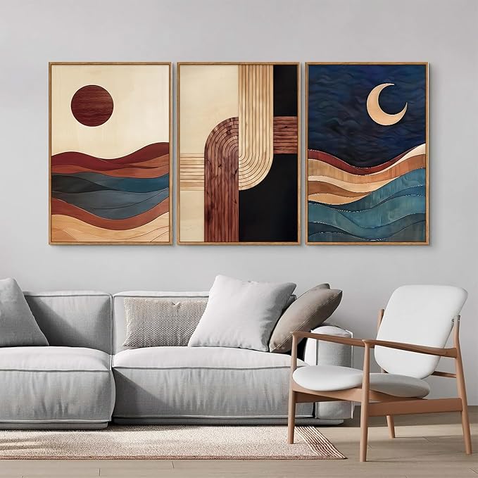 SIGNINART Boho Mid Century Modern Framed Canvas Wall Art, Bohemian Geometric Wall Decor, Abstract Sun and Moon Artwork,Beige and Black Wooden Art Paintings for Living Room Bedroom Office 16"x24"x3-Ruum Studio Home