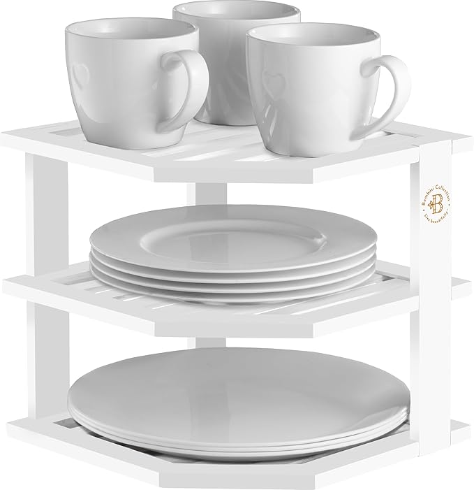 Cabinet Organizer Shelf - Bamboo Corner Rack for Kitchen Counter, Cabinet Space Saver for Plates, Dishes, Bowls, Bread Pantry, Bathroom Storage or Countertop Stand, White-Ruum Studio Home
