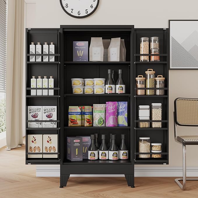 51" H Metal Kitchen Pantry Storage Cabinet, Freestanding Cupboard Storage Cabinet with Doors and Adjustable Shelves, Large Stand Up Food Cupboard for Living Room, Dinning Room, Black-Ruum Studio Home