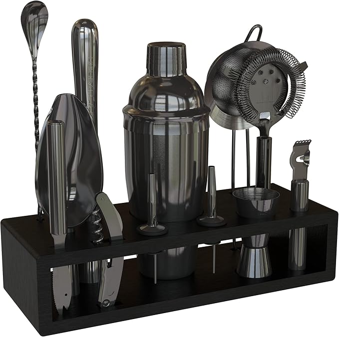 Highball & Chaser 13-Piece Cobbler Cocktail Shaker Set: Black Polished Stainless Steel Bartender Kit for Home Bar Set | Laser Engraved Tools Plus E-Book with 30 Recipes-Ruum Studio Home