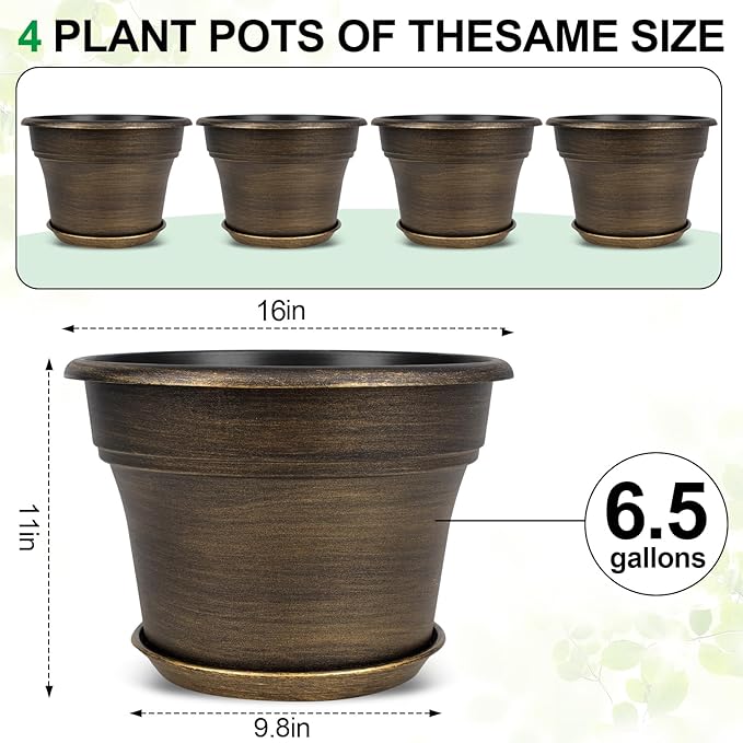 16 inch Plant Pots Outdoor Planters，4 Pack Large Plastic Flower Pot for Indoor Plants with Drainage Holes & Saucer, Resin Decorative Container Sets with Trays for House Outdoor Garden Plant Dark Gold-Ruum Studio Home
