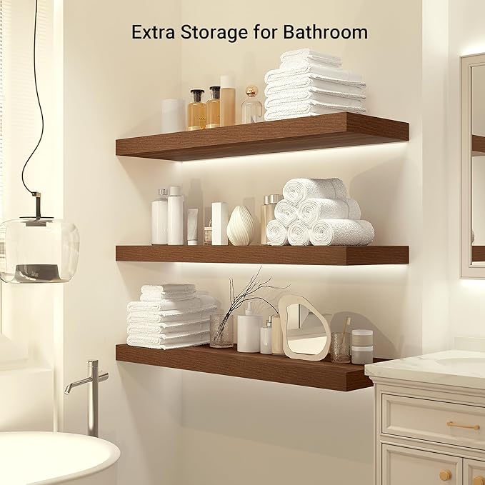 Heimlove 24 x 12 Inch Deep Floating Shelves Wall Mounted with Invisible Brackets,Storage Hanging Shelf for Wall Decor in Bathroom, Bedroom, Toilet, Kitchen, Living Room, Office Set of 1 (Walnut)-Ruum Studio Home