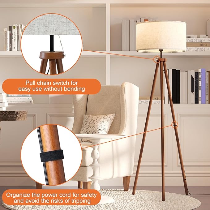 LiteHistory Wood Tripod Floor Lamps for Living Room, Bedroom, and Office,Standing lamp with Beige Linen Shade, 12W Three-Color Bulb Included, Pull Chain Switch, Tall lamp for Mothers Day Gifts, Brown-Ruum Studio Home