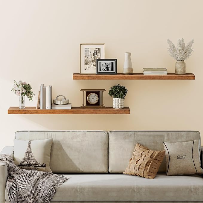 HOOBRO Floating Shelves for Wall, Wall Mounted Shelf Set of 2, 55" Hanging Shelf with Invisible Brackets, for Wall in Bathroom, Bedroom, Toilet, Kitchen, Living Room, Office, Rustic Brown BF140BJP201-Ruum Studio Home