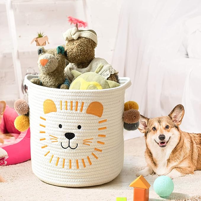 INough Toy Storage Baskets Cute Laundry Basket with Handles Dog Toy Storage Basket Durable Large Cotton Rope Storage Bins Home Organizer Solution for Office, Bedroom, Closet, Toys & Laundry (Lion)-Ruum Studio Home