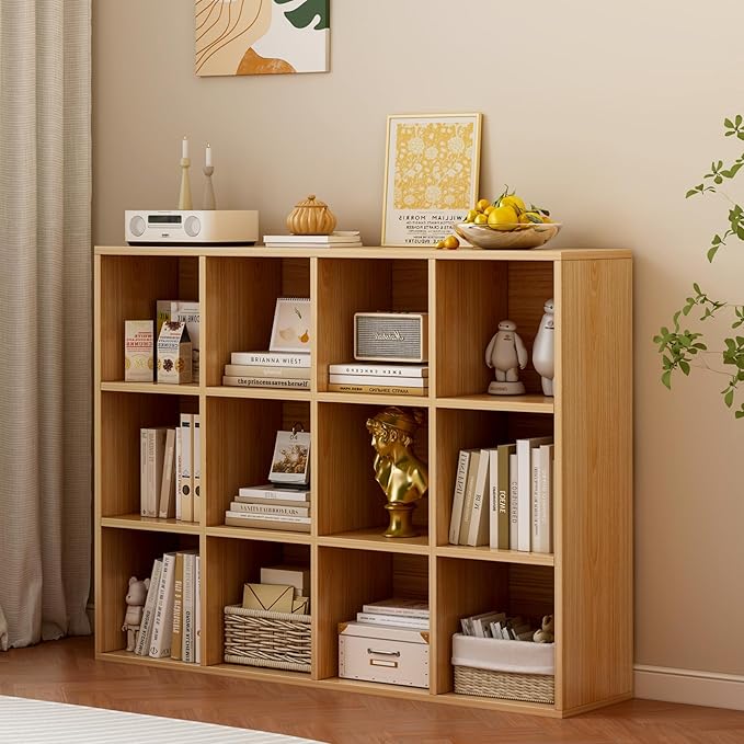 12-Cube Storage Shelf Bookcase - Wooden 3-Tier Floor Standing Open Bookshelf for Home and Office, Display Cabinet, Oak-Ruum Studio Home