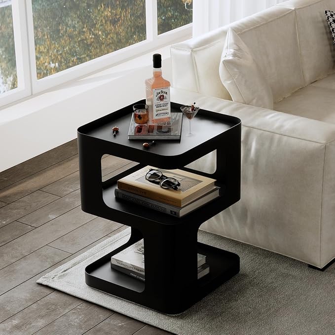 Side Table,Modern end Table,Unique nightstand,Bedside Table,Black Metal Night Stand with Storage,Accent Side Table for Couch,Bedroom,Living Room.No Assembly Required-Ruum Studio Home