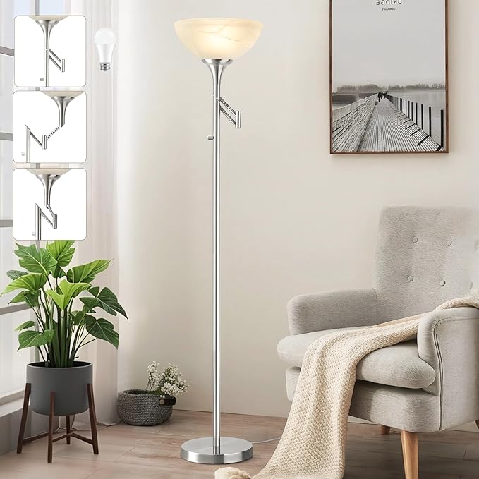 Floor Lamps for Living Room Silver, 70" Tall Standing Lamp with Glass Shade, Bedroom Floor Lamp with 350°Adjustable Swing Arm Lamp, Pole lamp for Bedroom, Living Room, Office, Bulbs Included-Ruum Studio Home