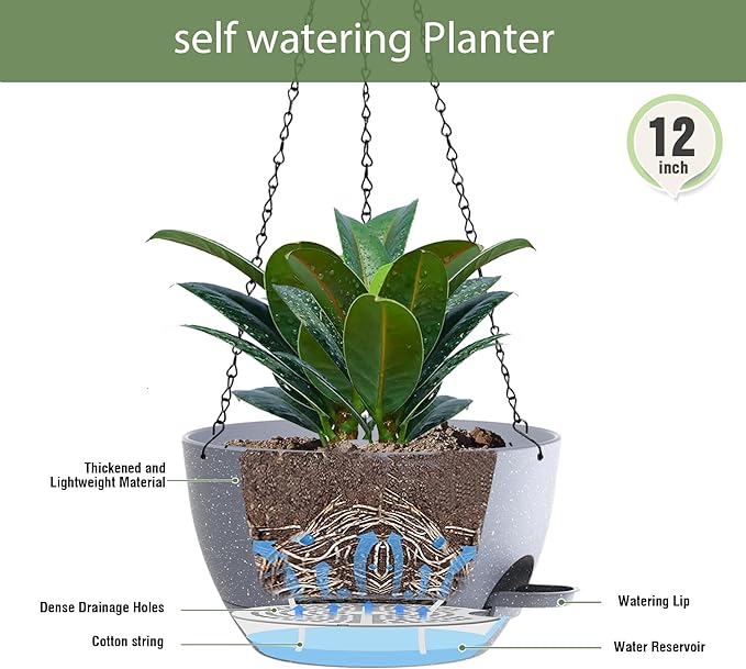 12 Inch Hanging Baskets 2 PC with Chains, Self-Watering Hanging Planters for Indoor Outdoor Plants, Plastic Hanging Flower Pots,Speckled Grey-Ruum Studio Home
