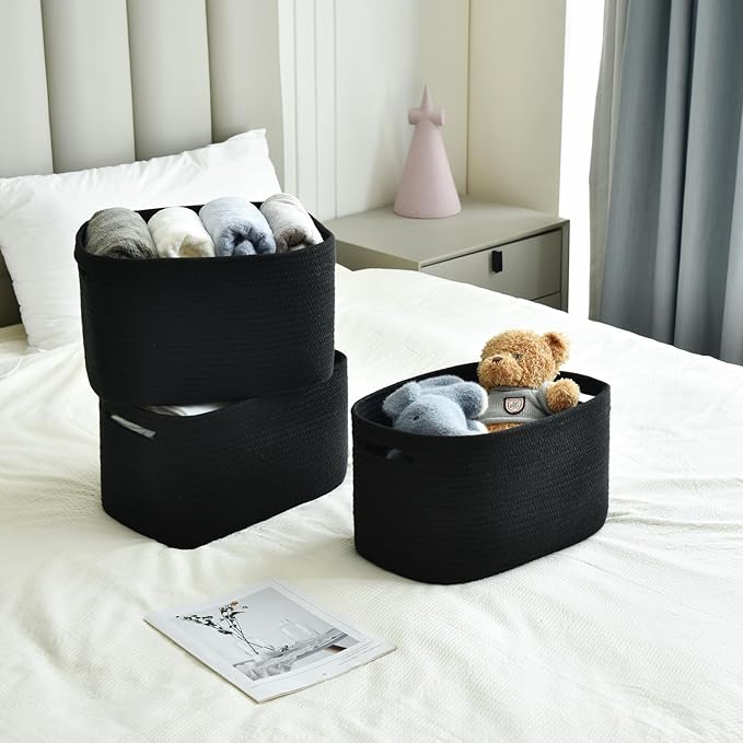 Storage Basket,Woven Baskets for Storage,Cotton Rope Baskets for Organizing,decorative Baskets for Shelves,book Basket,towel Basket,Toy Basket or Storage Bins for Living Room - 3 Pack,Black-Ruum Studio Home