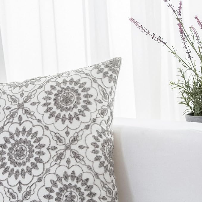 HWY 50 Gray Grey Decorative Throw Pillow Covers 18x18 Inch, Pack of 2 Embroidered Cotton Farmhouse Cushion Cover Pillow Case for Sofa Couch Living Room Bed Bedroon, Little Sunflower Design-Ruum Studio Home
