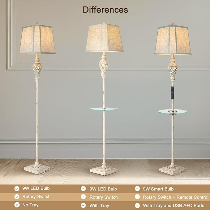Rustic Floor Lamp, Living Room Lamps with Glass Tray, stepless diming Floor Lamp with Remote Control and USB A&C Charging Ports for Living Room Bedroom Office Smart Bulbs Included-Ruum Studio Home